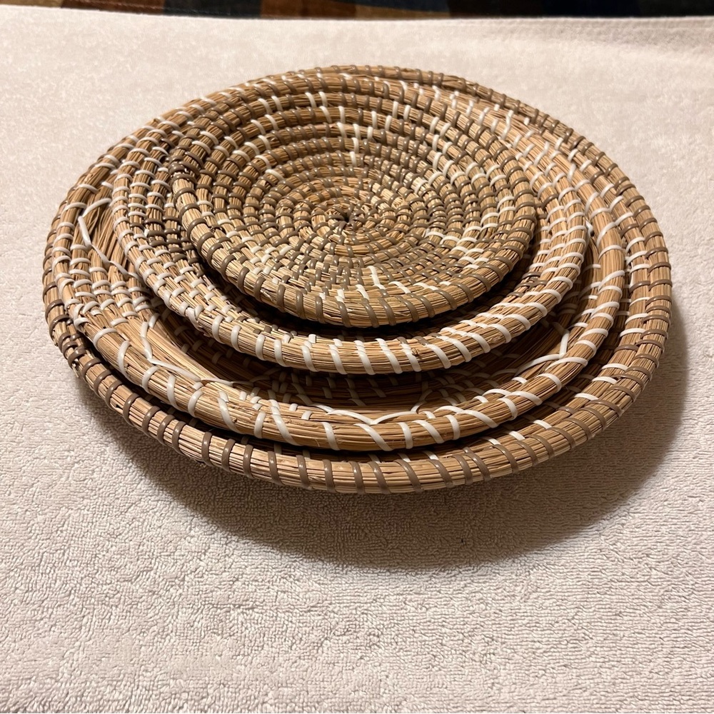 Handwoven Natural Rattan Serving Trays - Set of 4 stackable straw trays